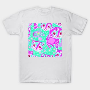 Markers children drawing of kittens on neon highlighter green T-Shirt